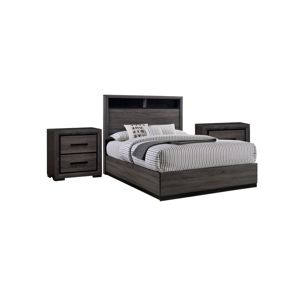 3pc King Bedroom Set, Gray, Black Wood, 2 Nightstands