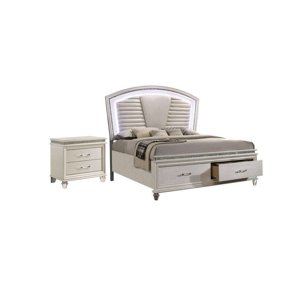 2pc King Bedroom Set | Pearl White | White | Clear | Silver Wood | Nightst&