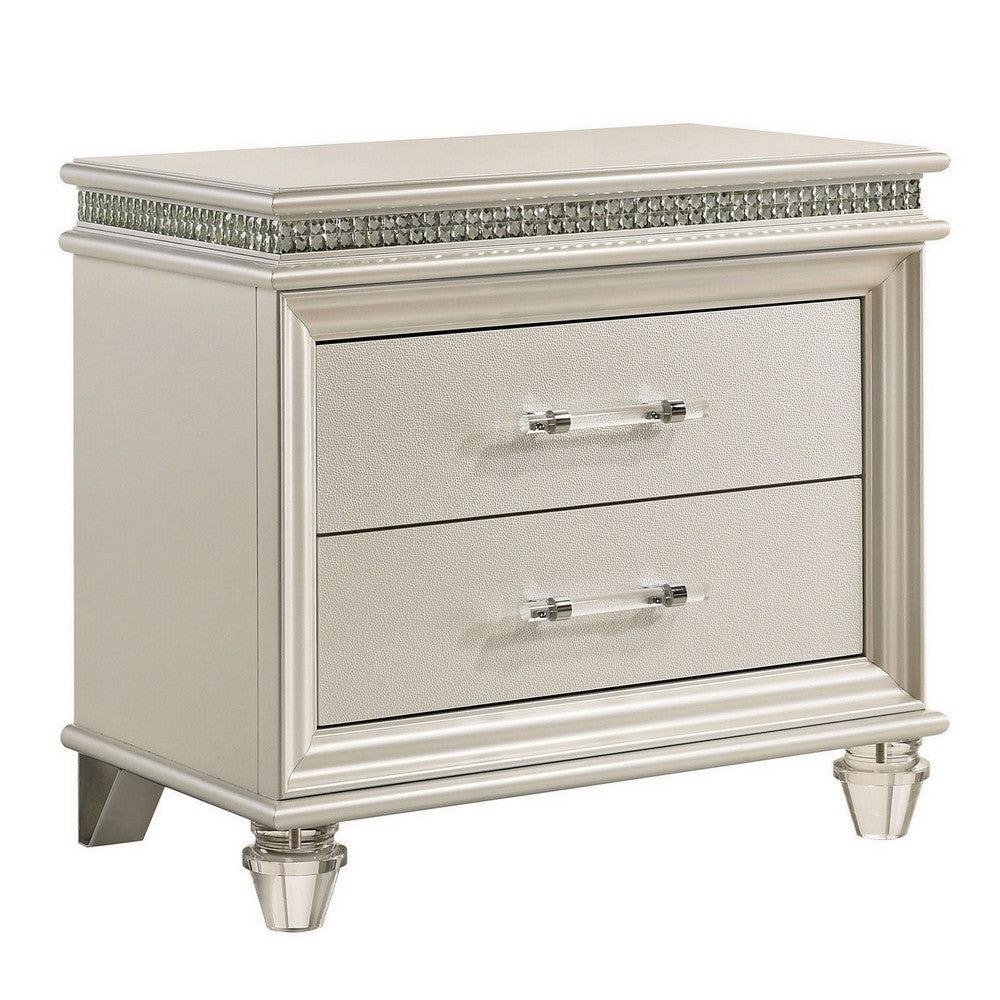 2pc King Bedroom Set | Pearl White | White | Clear | Silver Wood | Nightst&