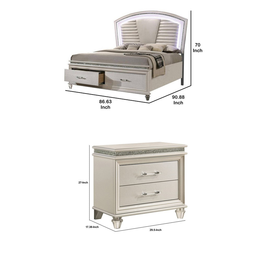 2pc King Bedroom Set | Pearl White | White | Clear | Silver Wood | Nightst&