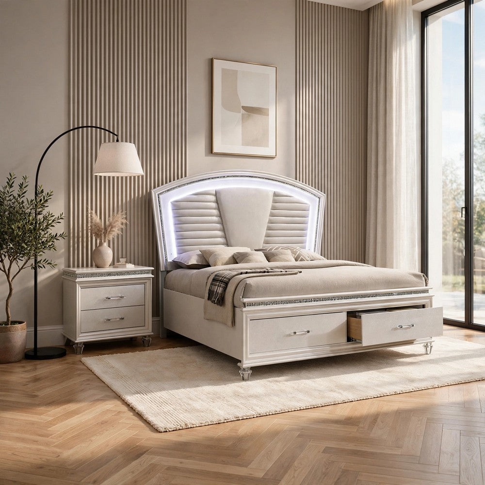 2pc King Bedroom Set | Pearl White | White | Clear | Silver Wood | Nightst&
