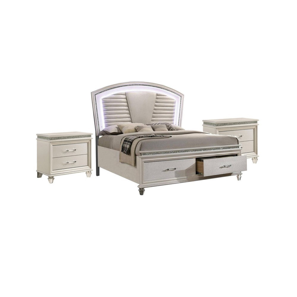 3pc King Bedroom Set, Pearl White, White, Clear, Silver Wood, 2 Nightstands