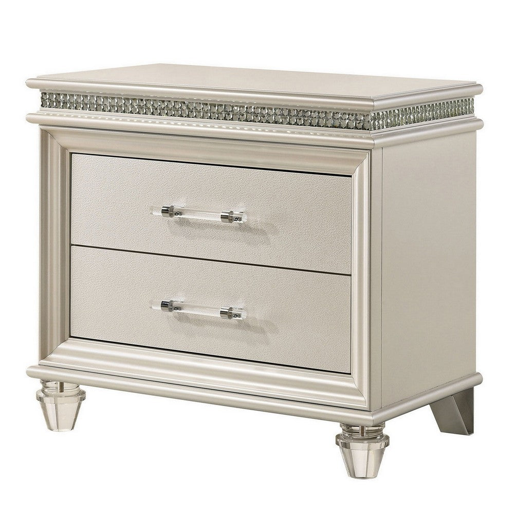 3pc King Bedroom Set, Pearl White, White, Clear, Silver Wood, 2 Nightstands