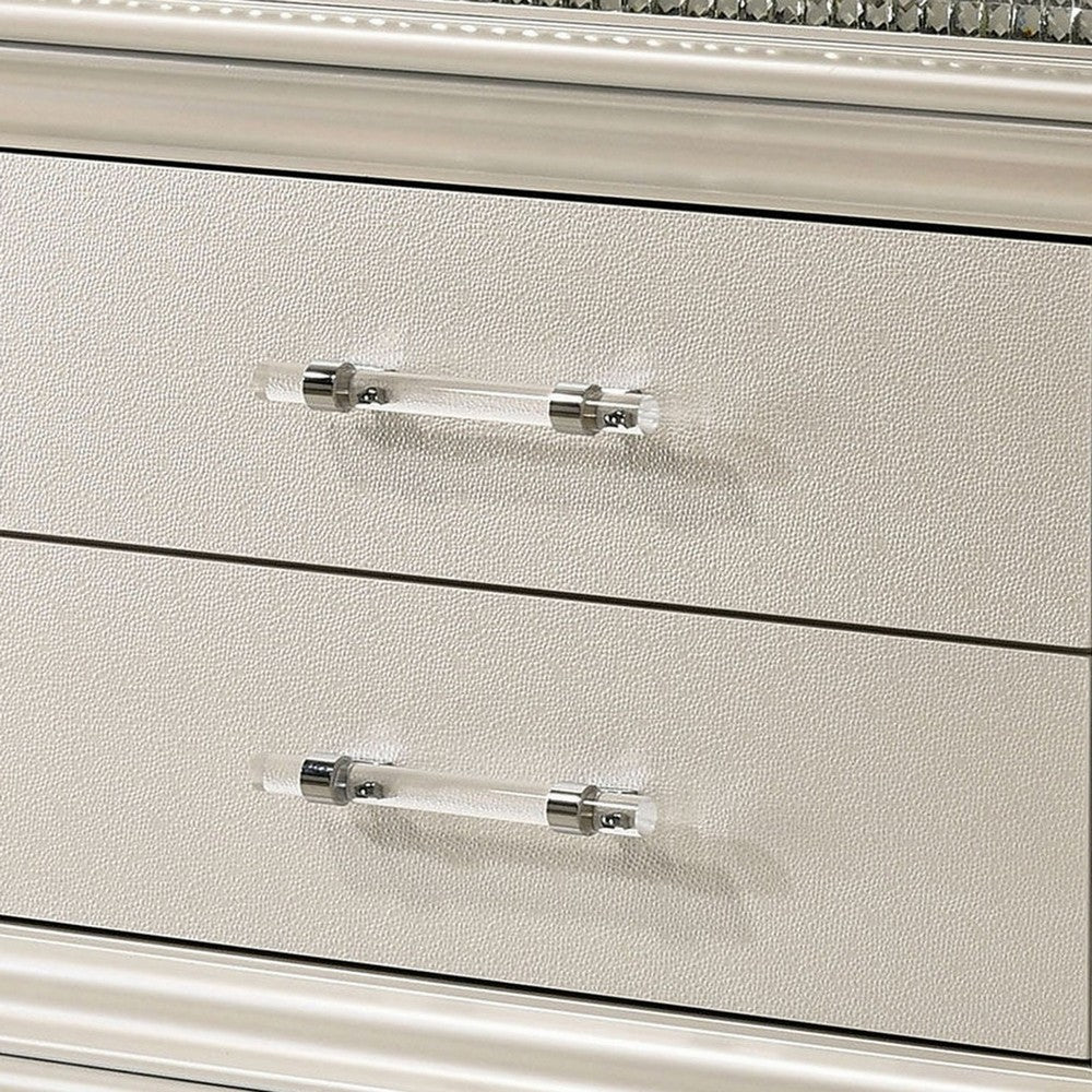 3pc King Bedroom Set, Pearl White, White, Clear, Silver Wood, 2 Nightstands