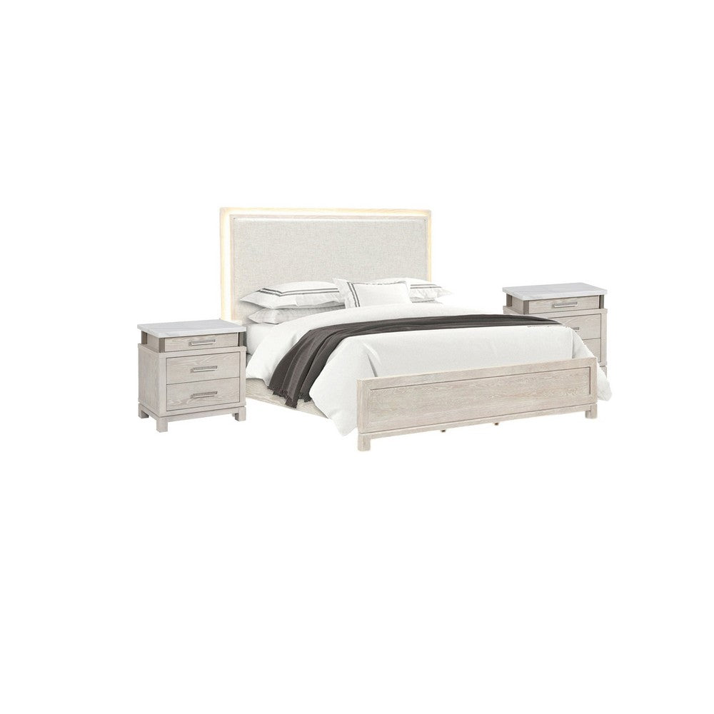 3pc King Bedroom Set, Weathered Gray, Gray, White, Silver Wood, 2 Nightstands
