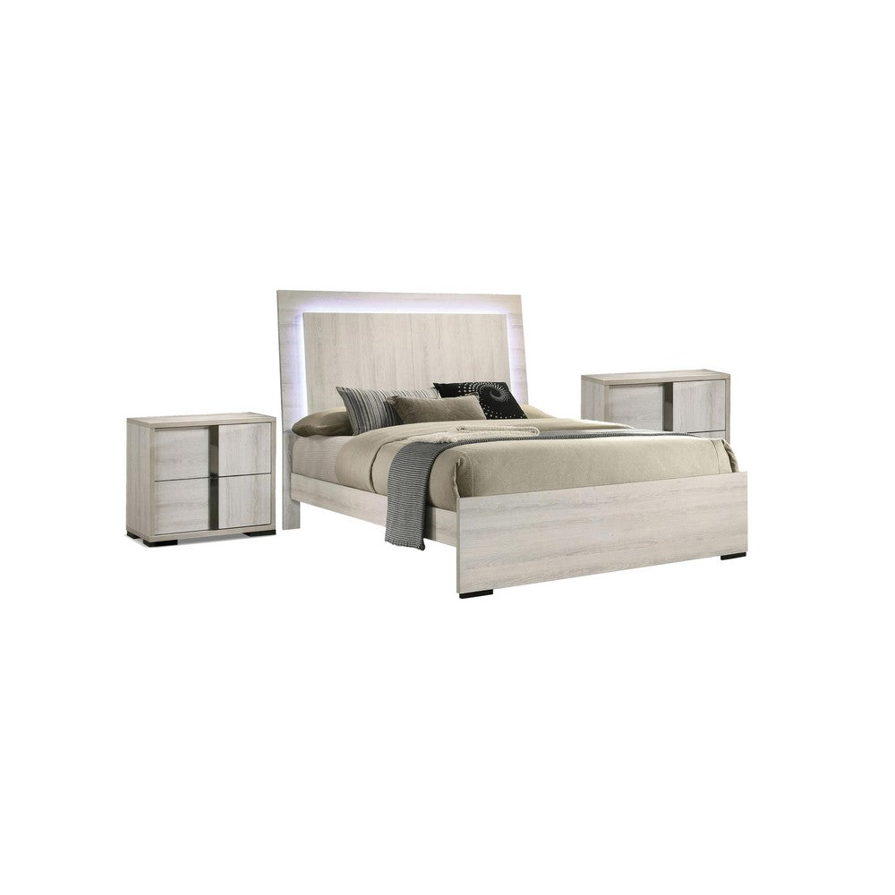 3pc King Bedroom Set, White Wash, Chrome, 2 Nightstands