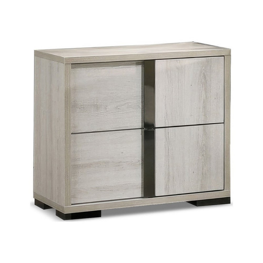 3pc King Bedroom Set, White Wash, Chrome, 2 Nightstands