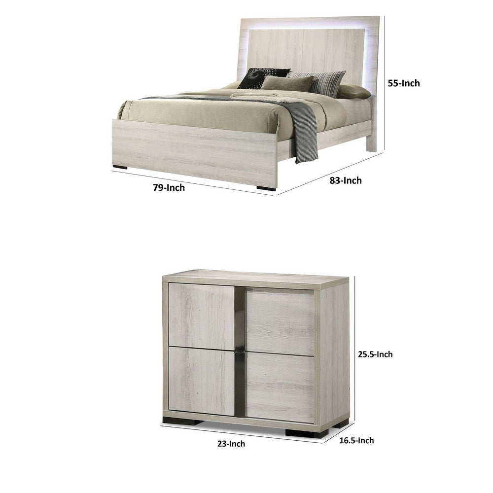 3pc King Bedroom Set, White Wash, Chrome, 2 Nightstands