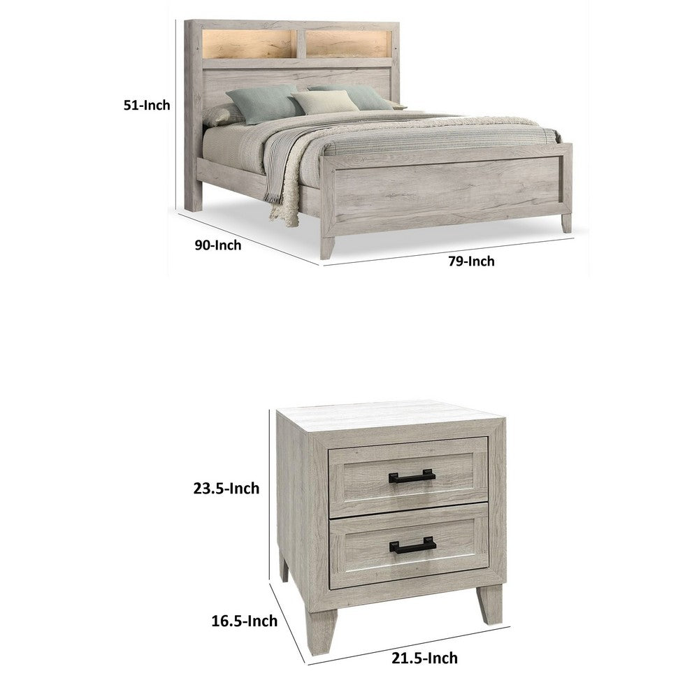 3pc King Bedroom Set, White Wash, Black Wood, 2 Nightstands