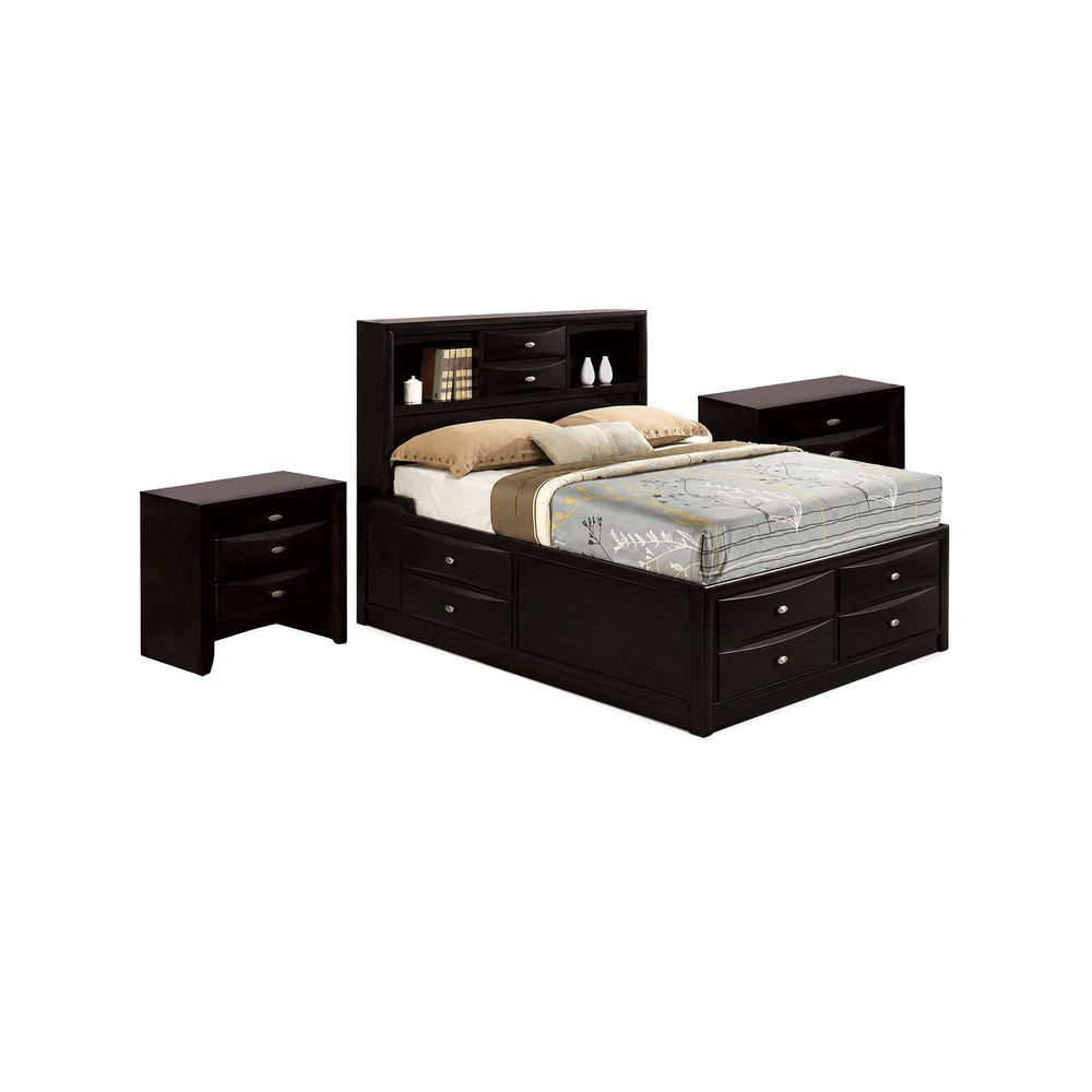 3pc King Bedroom Set, Black, Nickel Wood, 2 Nightstands