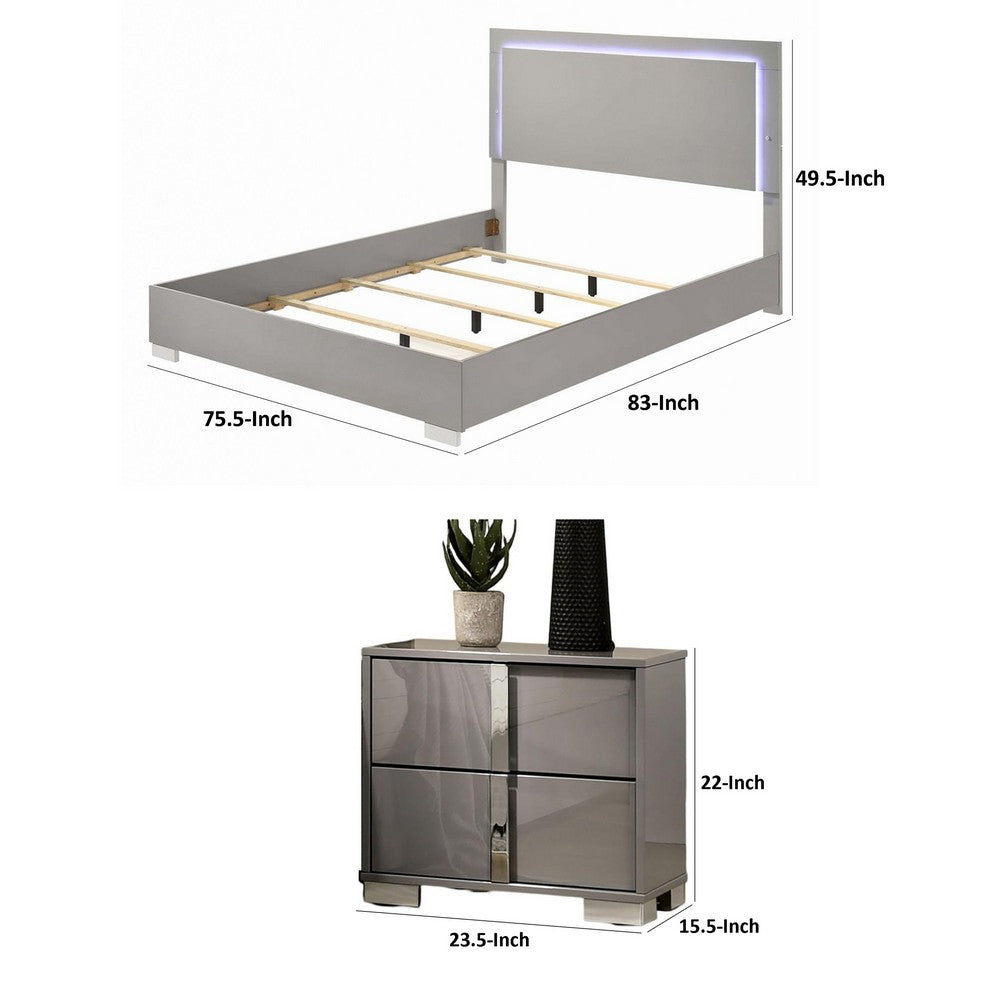 2pc King Bedroom Set | Light Taupe | Chrome Silver | Chrome Wood | Nightst&