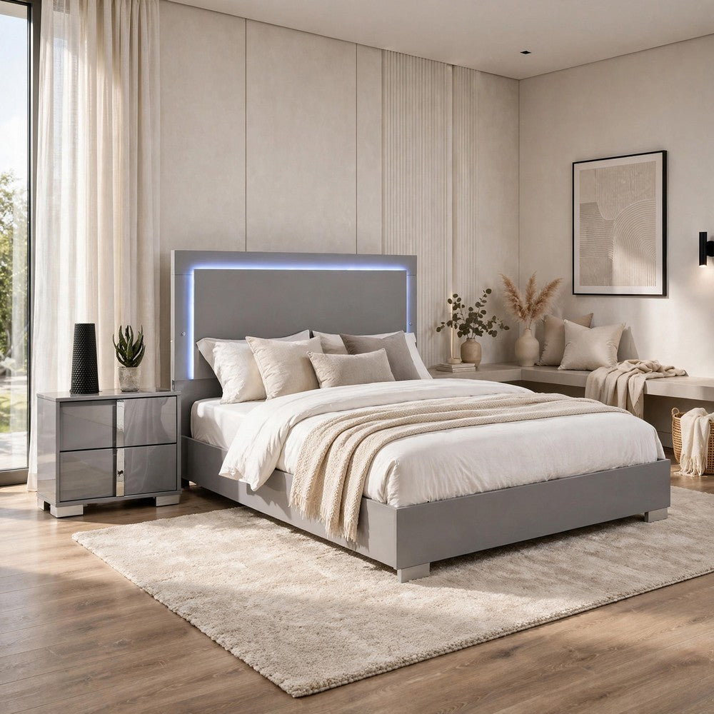 2pc King Bedroom Set | Light Taupe | Chrome Silver | Chrome Wood | Nightst&