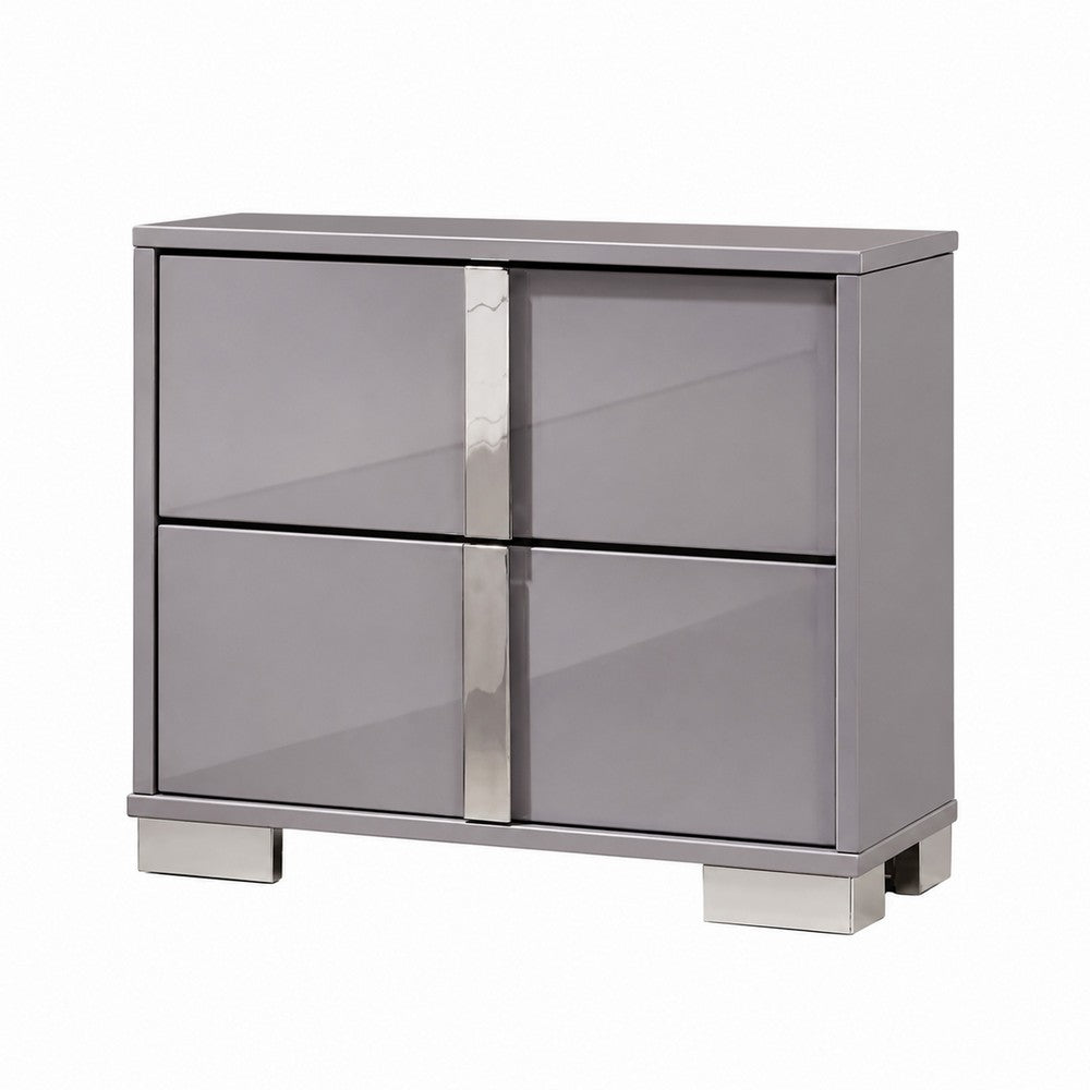 3pc King Bedroom Set, Chrome Silver, Light Taupe, Chrome Wood, 2 Nightstands