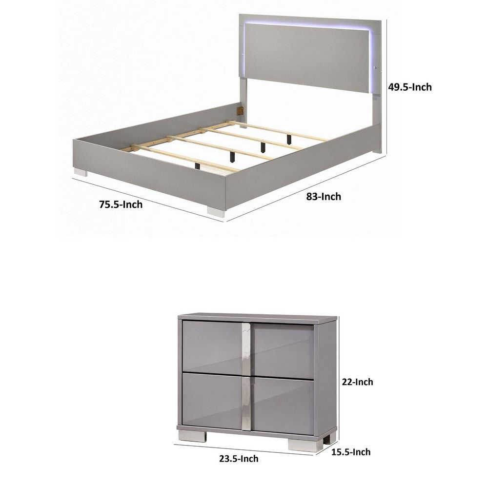 3pc King Bedroom Set, Chrome Silver, Light Taupe, Chrome Wood, 2 Nightstands