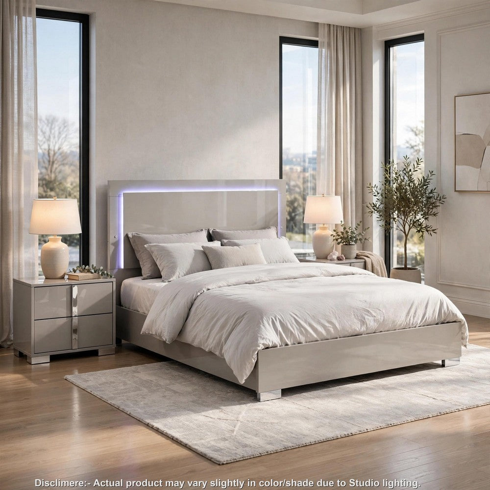3pc King Bedroom Set, Chrome Silver, Light Taupe, Chrome Wood, 2 Nightstands