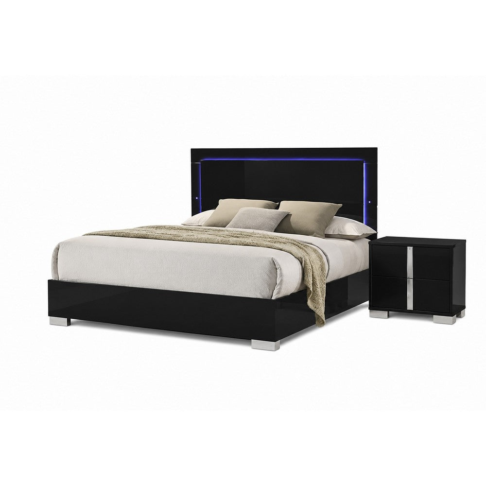 2pc King Bedroom Set | Piano Black | Chrome Silver | Chrome Wood | Nightst&