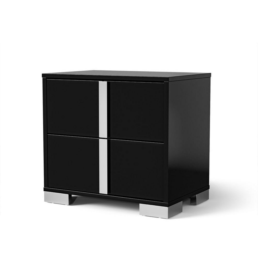 2pc King Bedroom Set | Piano Black | Chrome Silver | Chrome Wood | Nightst&