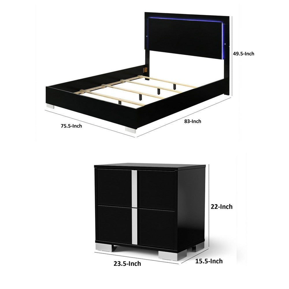 2pc King Bedroom Set | Piano Black | Chrome Silver | Chrome Wood | Nightst&