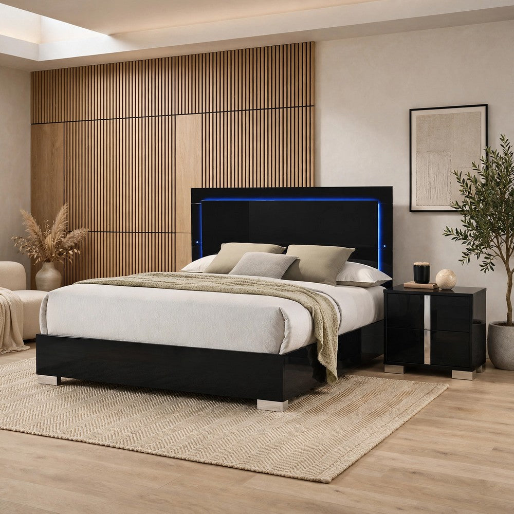 2pc King Bedroom Set | Piano Black | Chrome Silver | Chrome Wood | Nightst&
