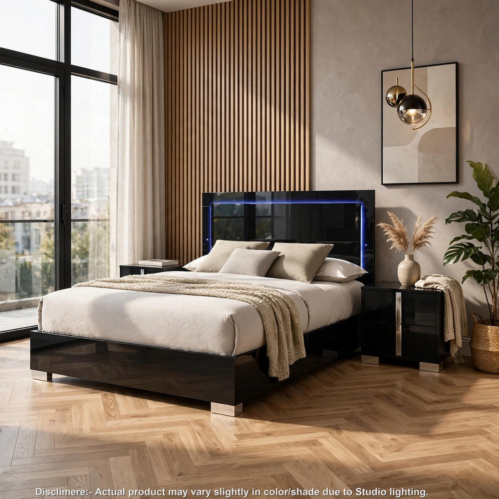 3pc King Bedroom Set, Piano Black, Chrome Wood, 2 Nightstands