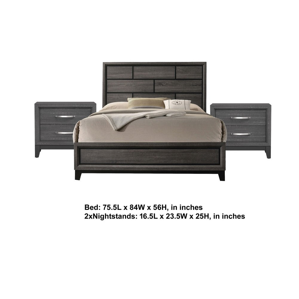 3pc King Bedroom Set, Gray, Black Wood, 2 Nightstands