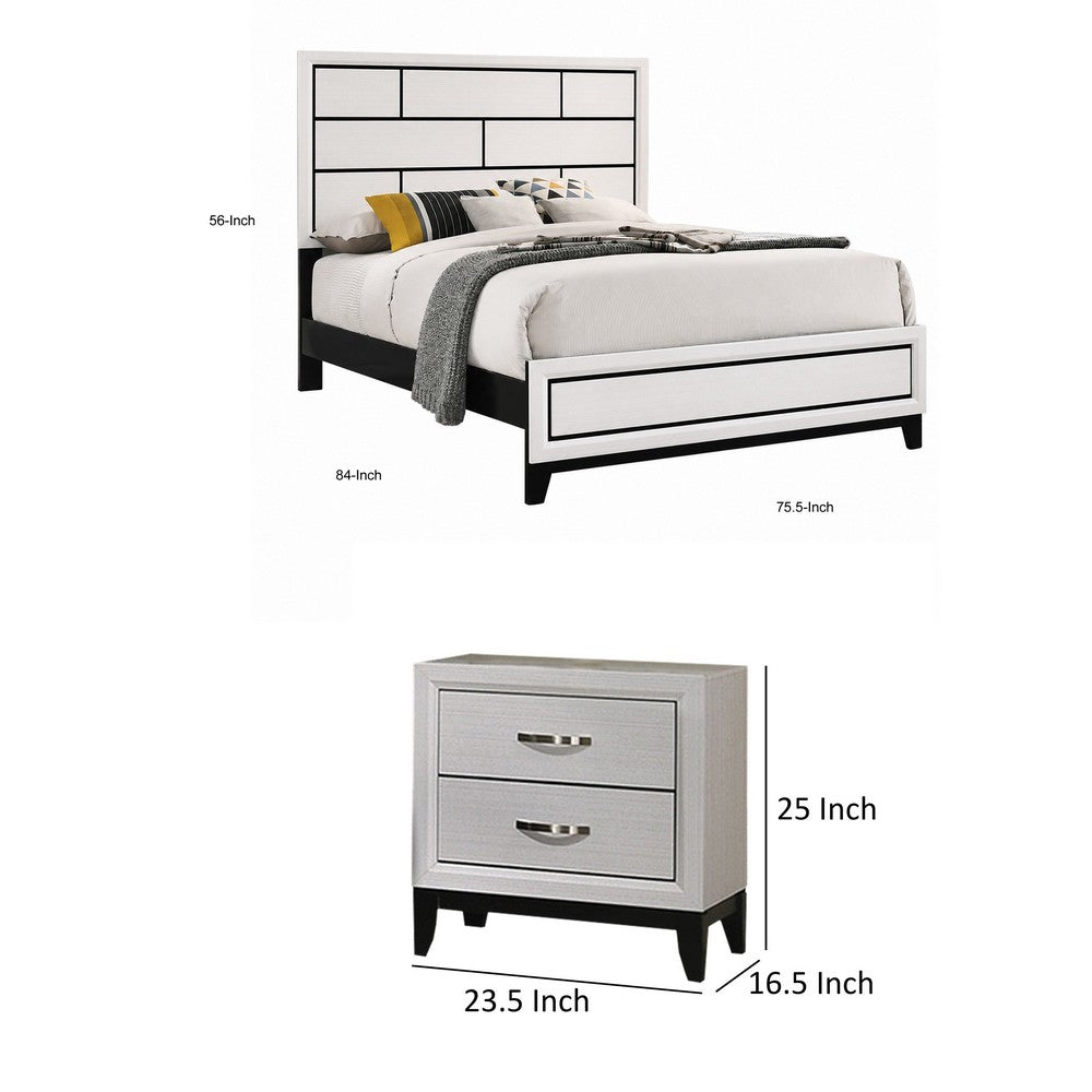 3pc King Bedroom Set, White, Black, Nickel Wood, 2 Nightstands