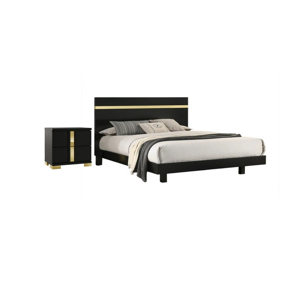 2pc King Bedroom Set, Black, Gold Wood, Nightstand