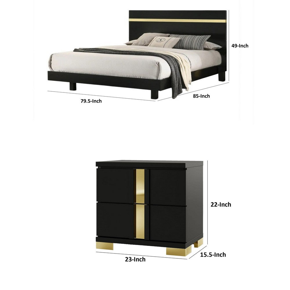2pc King Bedroom Set, Black, Gold Wood, Nightstand