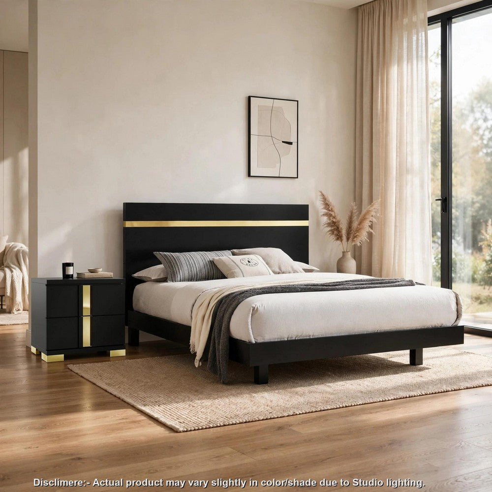 2pc King Bedroom Set, Black, Gold Wood, Nightstand