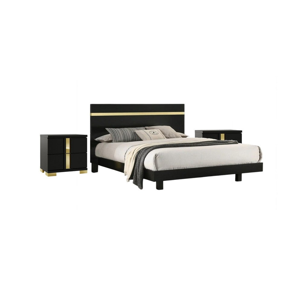 3pc King Bedroom Set, Black, Gold Wood, 2 Nightstands
