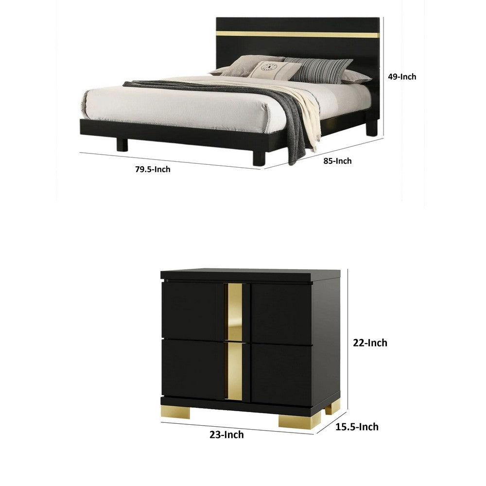 3pc King Bedroom Set, Black, Gold Wood, 2 Nightstands