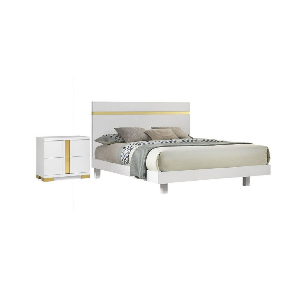 2pc King Bedroom Set, White, Gold Wood, Nightstand