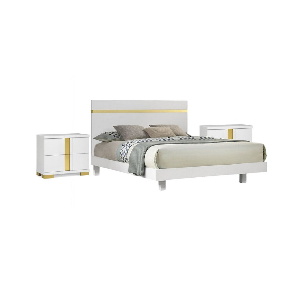 3pc King Bedroom Set, White, Gold Wood, 2 Nightstands