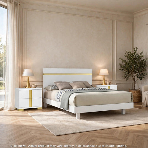 3pc King Bedroom Set, White, Gold Wood, 2 Nightstands