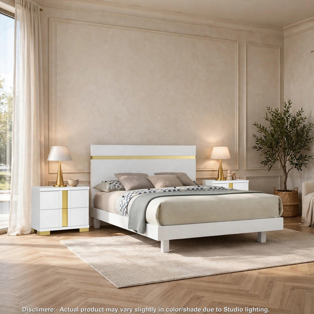 3pc King Bedroom Set, White, Gold Wood, 2 Nightstands