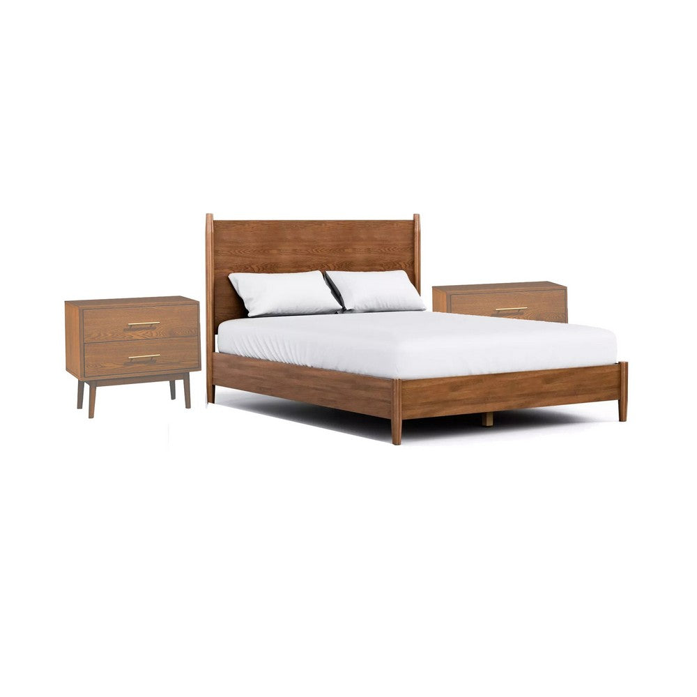 3pc King Bedroom Set, Walnut Brown, Nickel Wood, 2 Nightstands