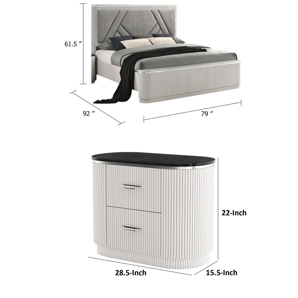 2pc King Bedroom Set, Light Gray, Silver, Black, Chrome Wood, Nightstand