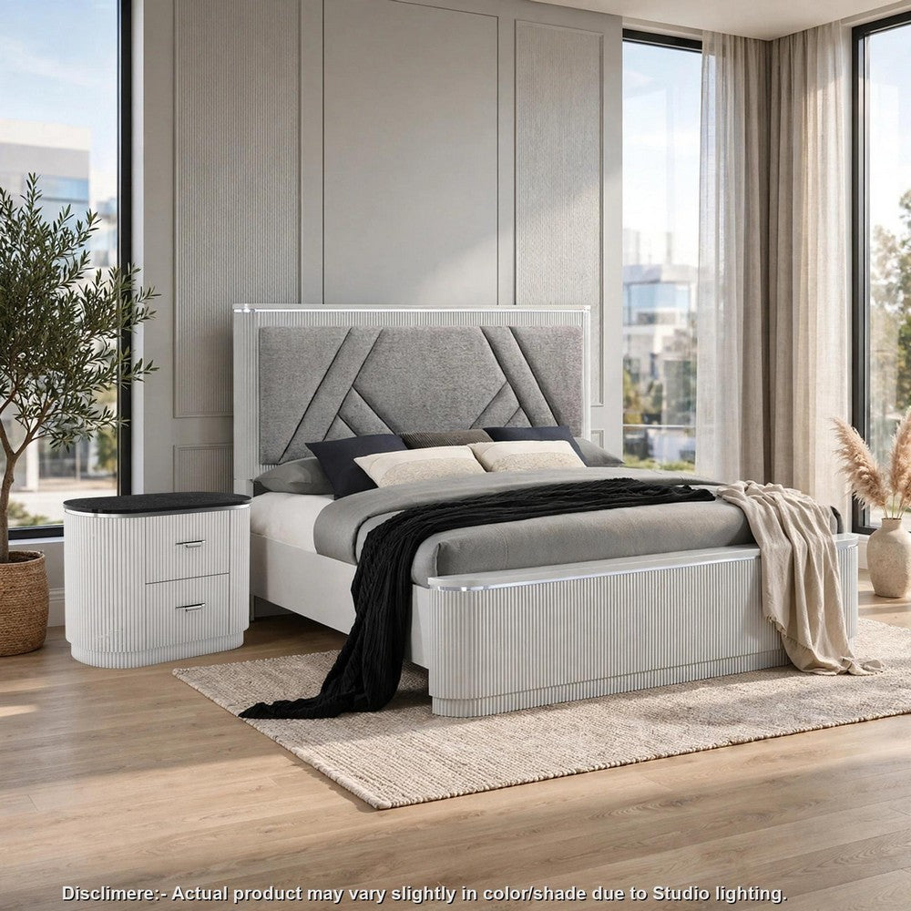 2pc King Bedroom Set, Light Gray, Silver, Black, Chrome Wood, Nightstand