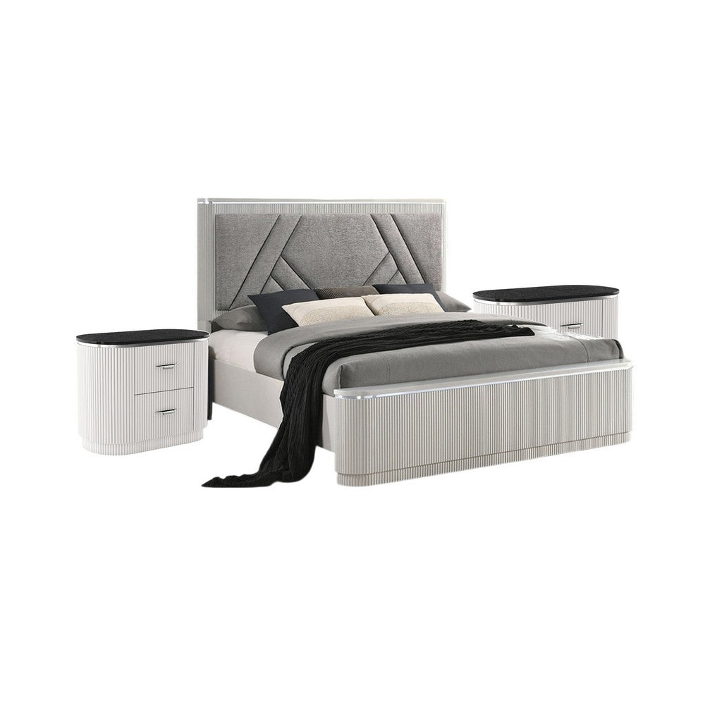 3pc King Bedroom Set, Light Gray, Silver, Black, Chrome Wood, 2 Nightstands