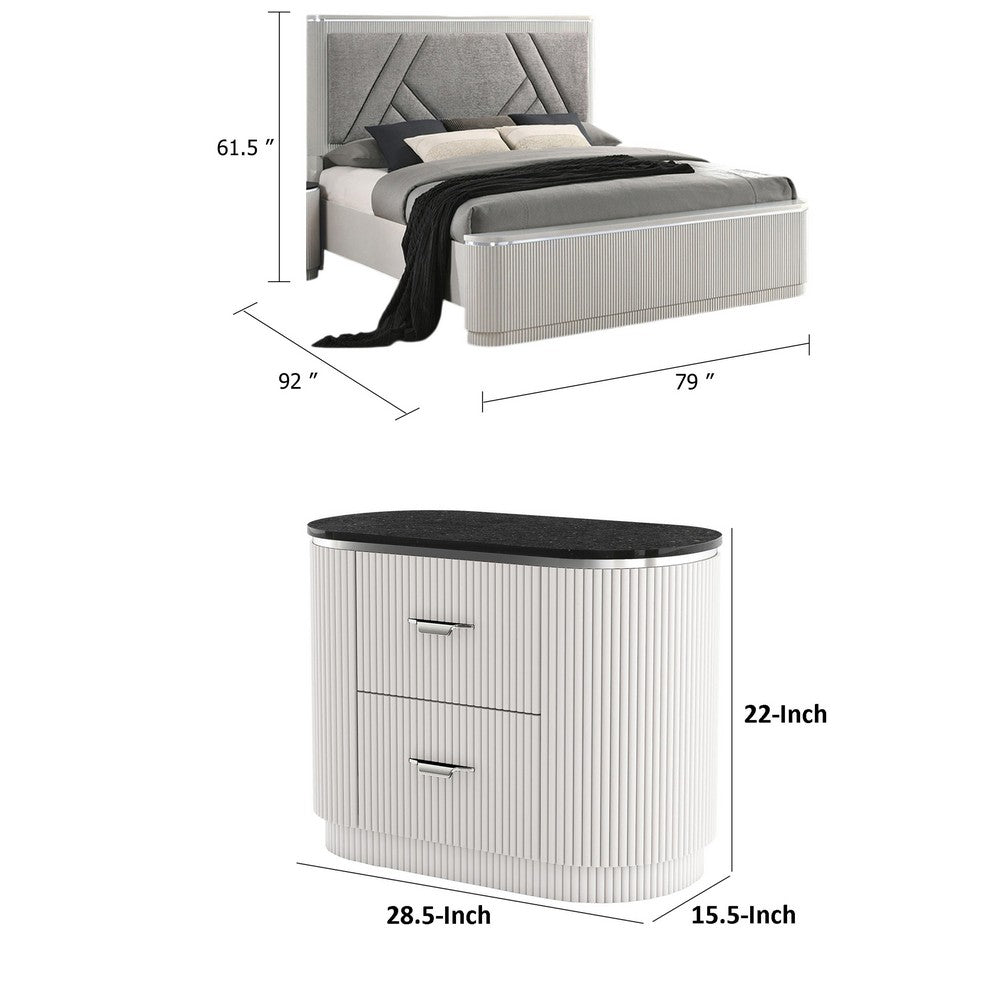 3pc King Bedroom Set, Light Gray, Silver, Black, Chrome Wood, 2 Nightstands