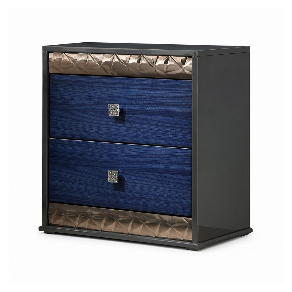 2pc King Bedroom Set, Ash Gray, Indigo Blue, Chrome Wood, Nightstand