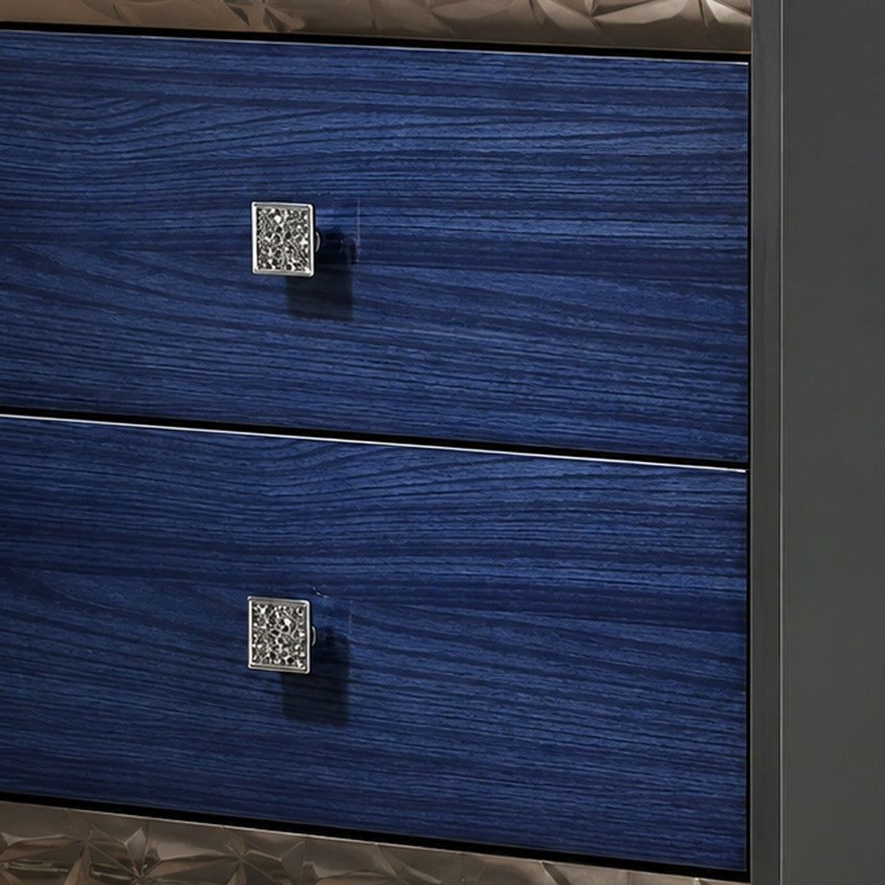 2pc King Bedroom Set, Ash Gray, Indigo Blue, Chrome Wood, Nightstand