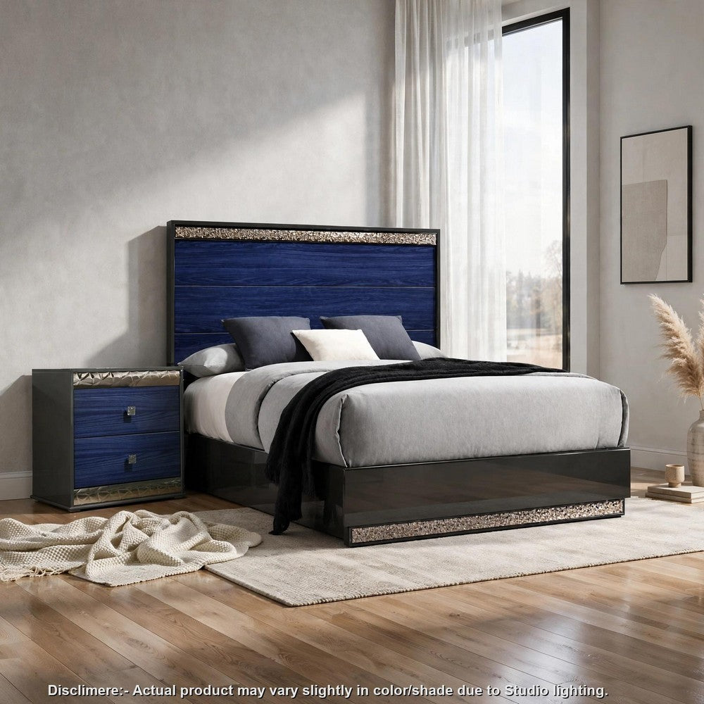 2pc King Bedroom Set, Ash Gray, Indigo Blue, Chrome Wood, Nightstand