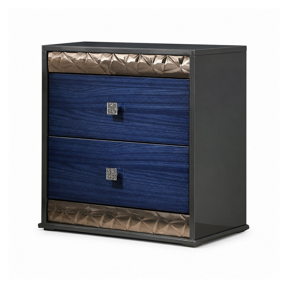 3pc King Bedroom Set, Ash Gray, Indigo Blue, Chrome Wood, 2 Nightstands