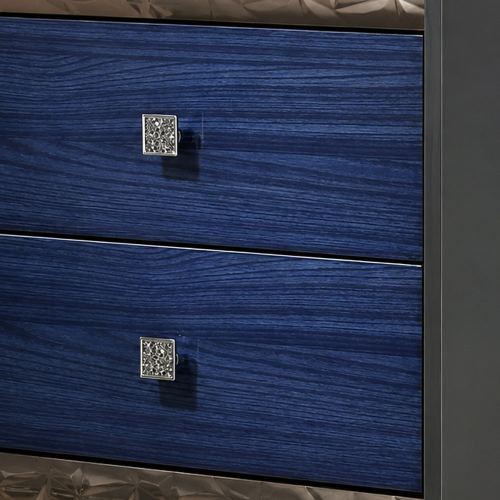 3pc King Bedroom Set, Ash Gray, Indigo Blue, Chrome Wood, 2 Nightstands