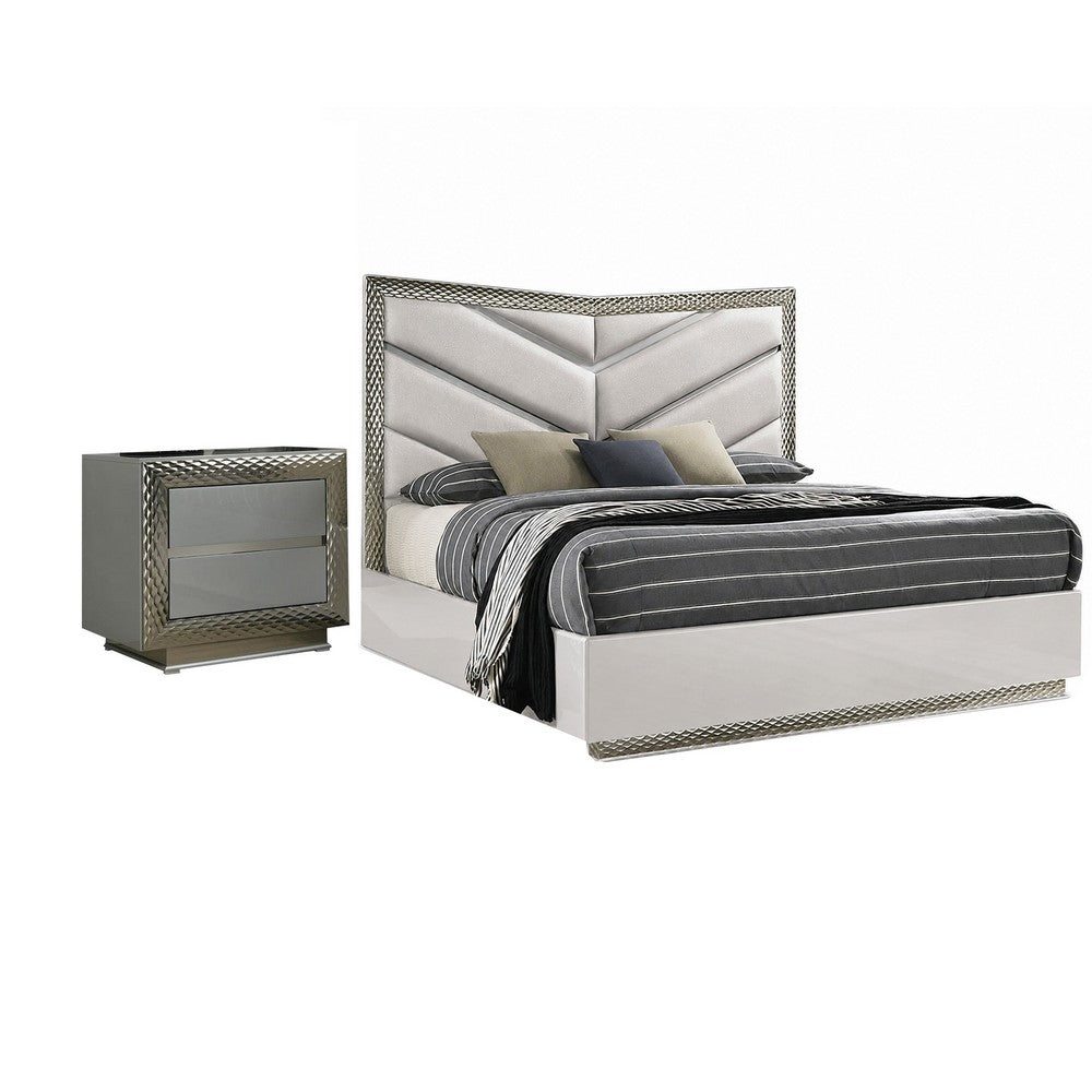 2pc King Bedroom Set, Gray, Silver Wood, Nightstand