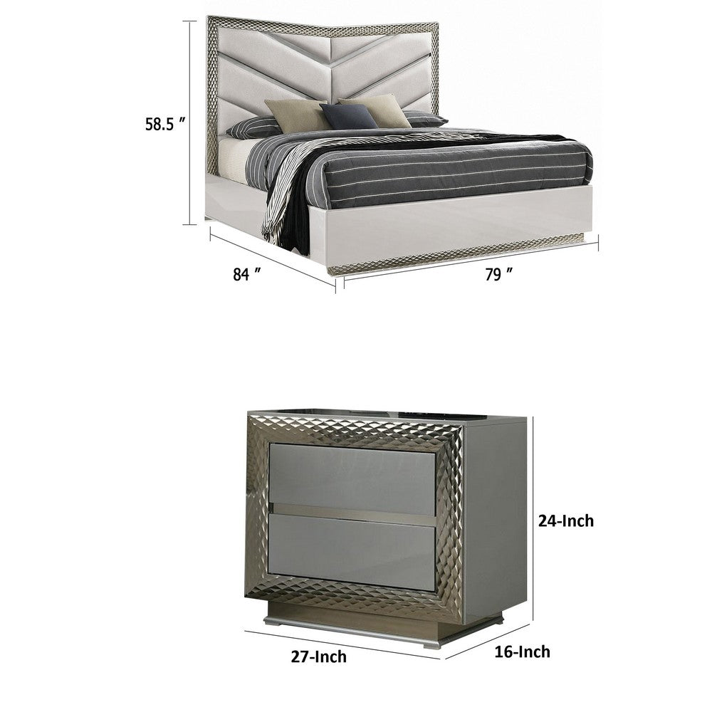 2pc King Bedroom Set, Gray, Silver Wood, Nightstand