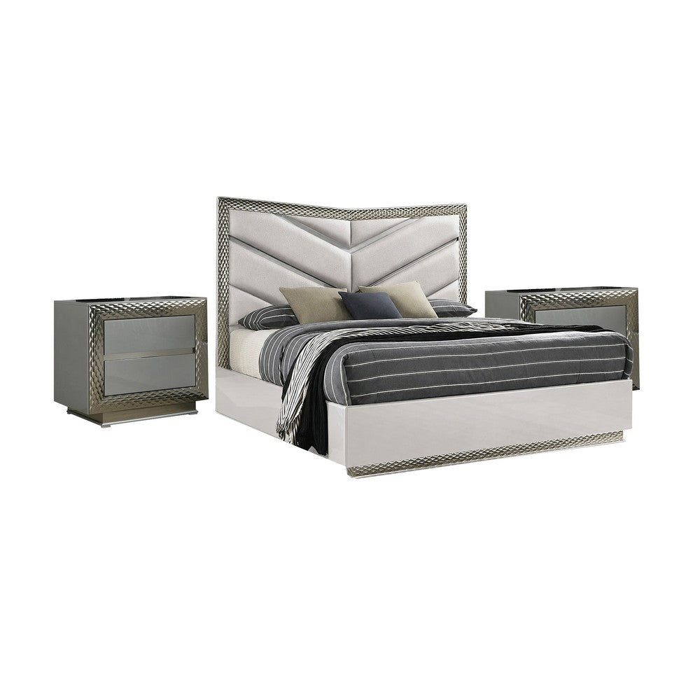 3pc King Bedroom Set, Gray, Silver Wood, 2 Nightstands