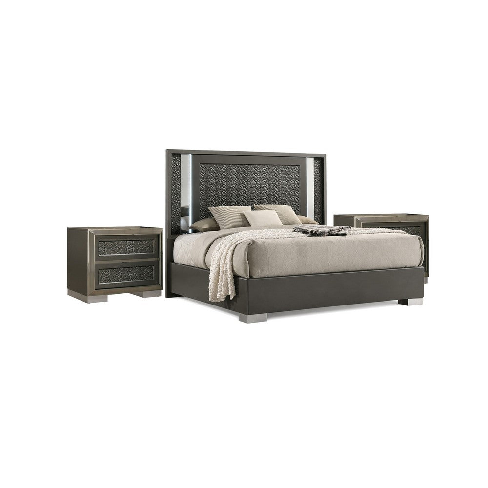 3pc King Bedroom Set, Dark Gray, Taupe Gray, White Wood, 2 Nightstands
