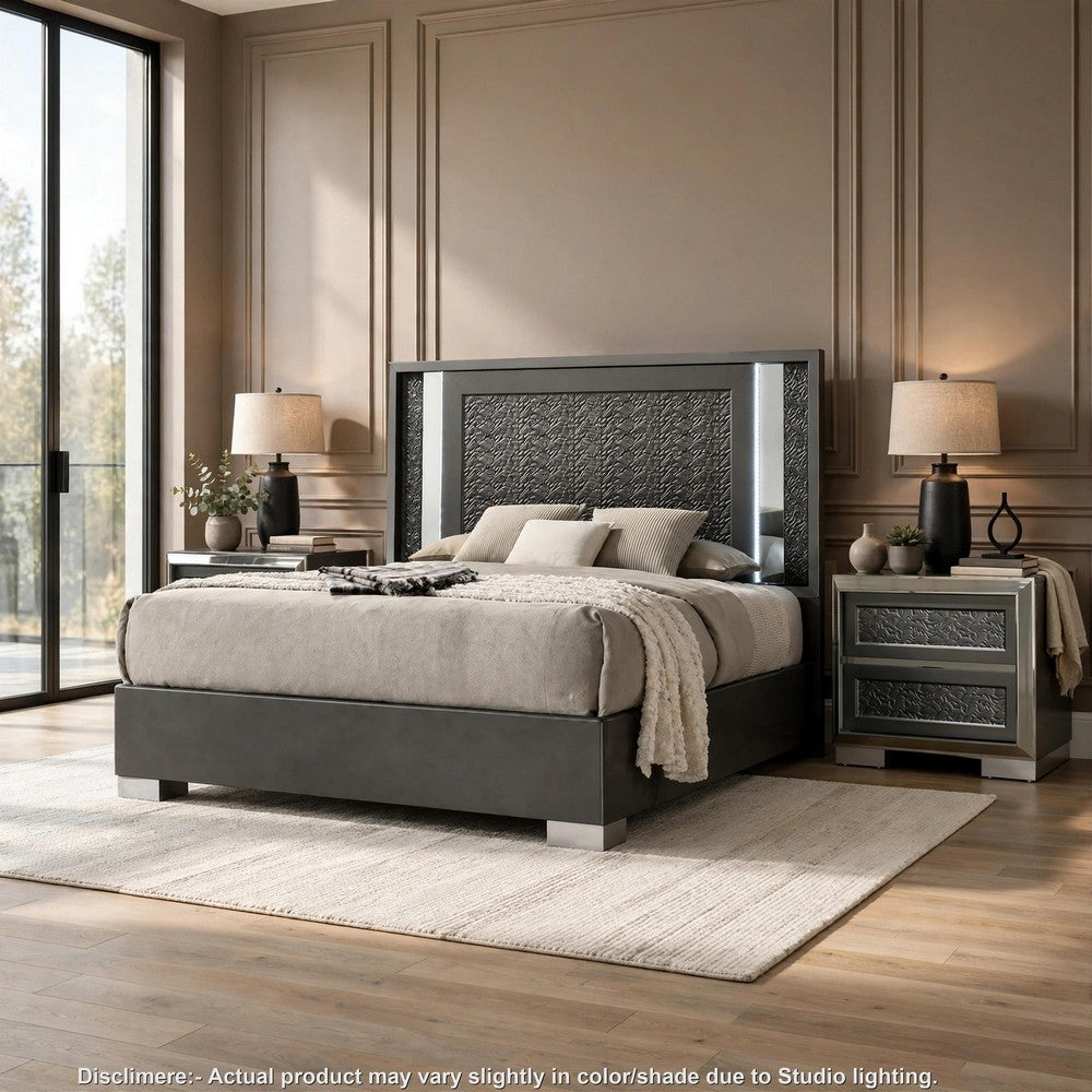 3pc King Bedroom Set, Dark Gray, Taupe Gray, White Wood, 2 Nightstands